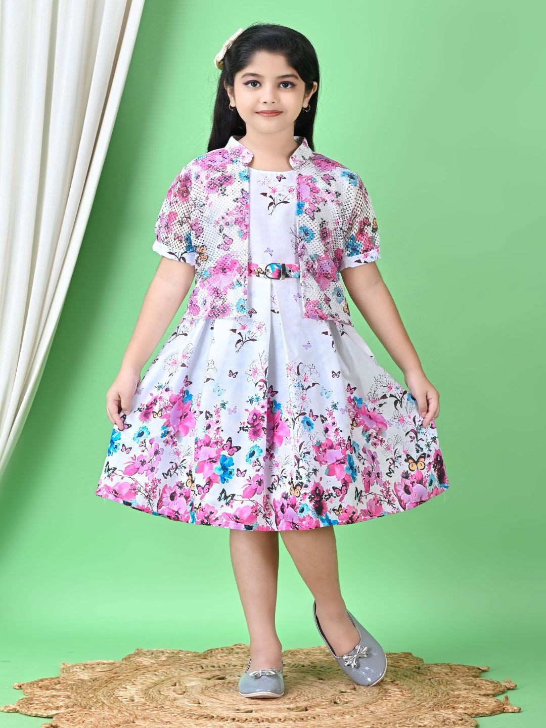 BARKAT DESIGNING PLANET Girls Floral Printed Belted Fit & Flare Knee Length Dress