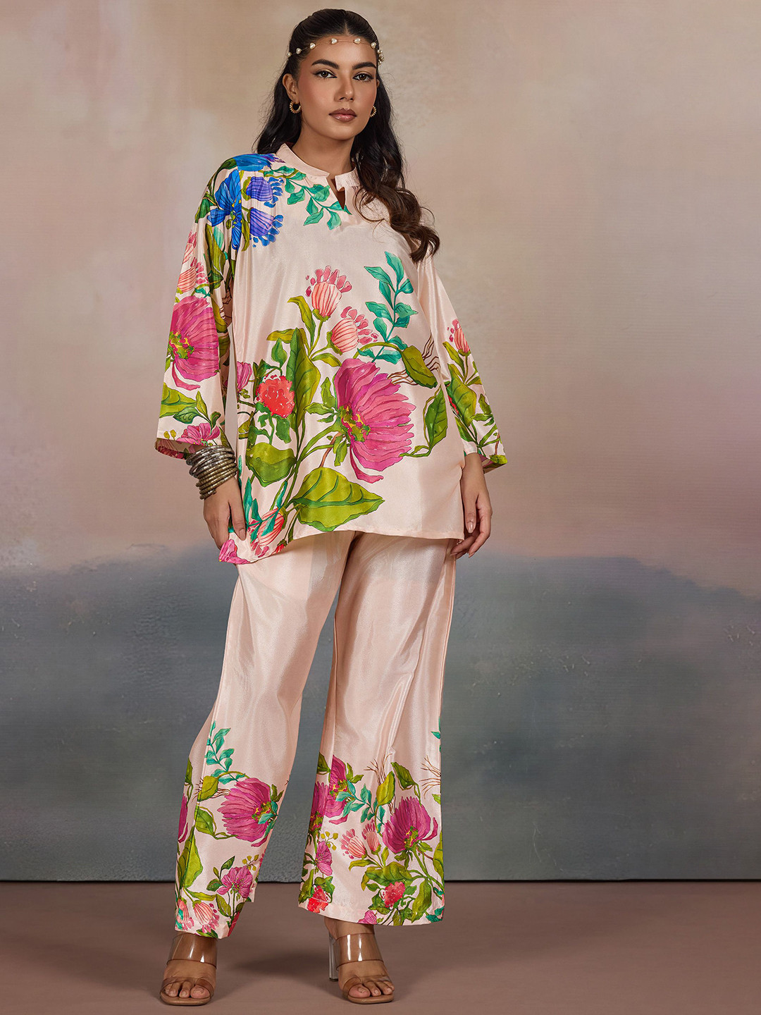 LABEL AARNA Women Dusky Grove Silk Crepe with Digital Print Co-ord Set