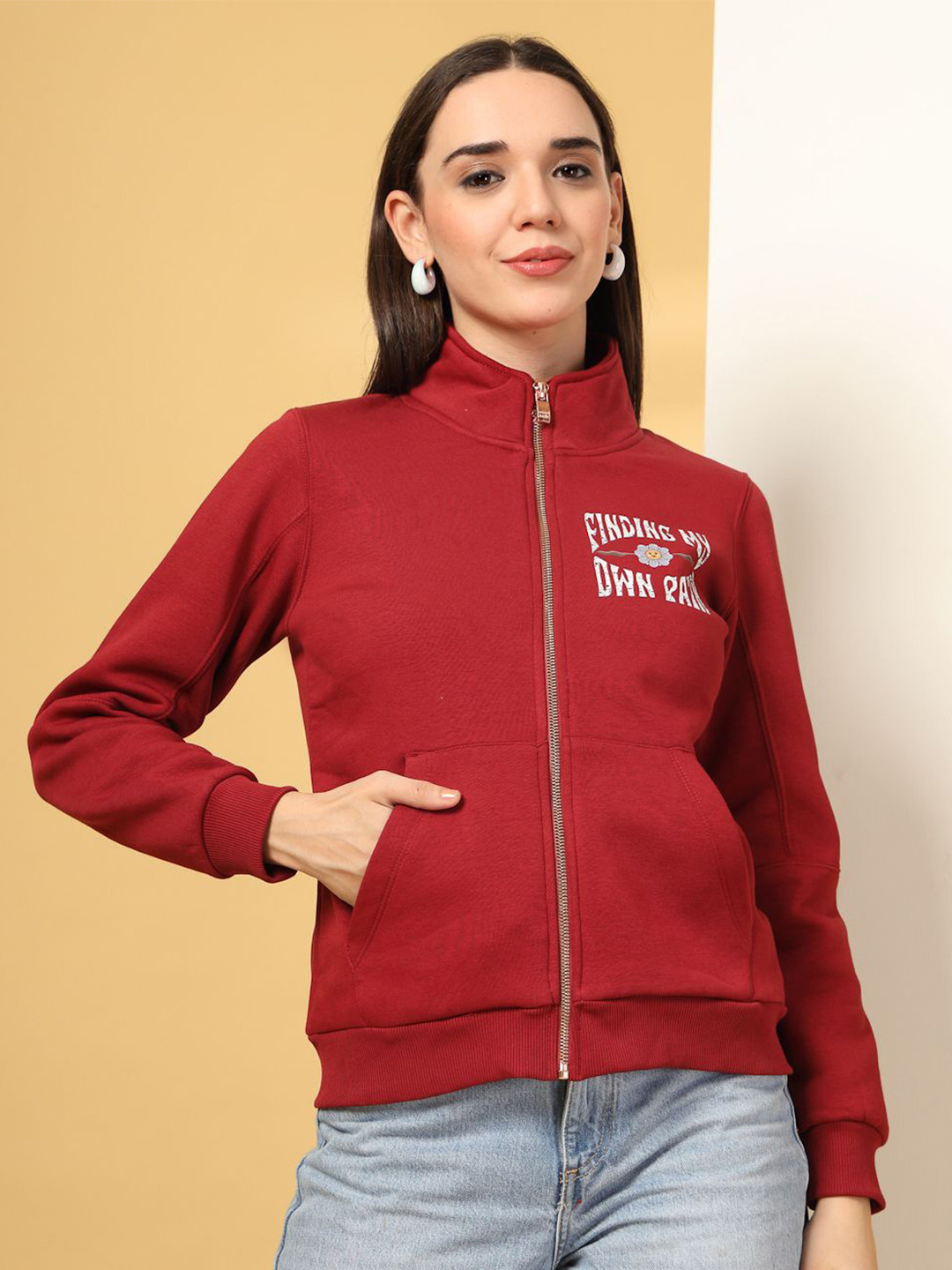 Thirty Threads Women Printed Zipper Sweatshirt