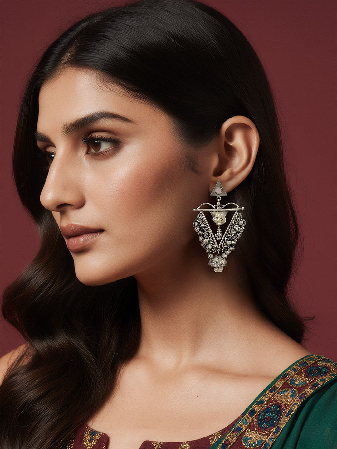 Kalakrith Milano Ghungroo And Pearls Beaded Triangular Oxidised Drop Earrings