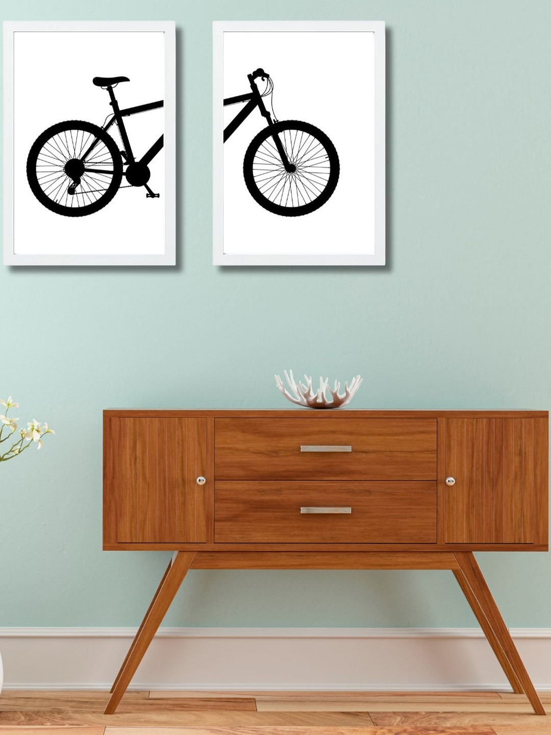 Aisha Decorz Set Of 2 White & Black Cycle MDF Wooden Wall Paintings