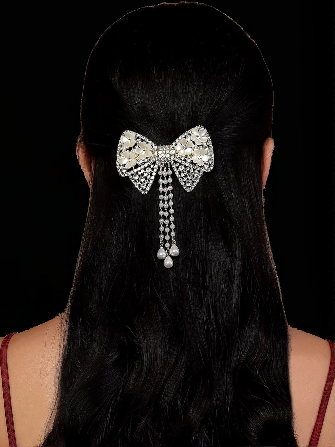 DIVASTRI Women Gold-Toned & White Embellished Bow-Shaped Hair Clip