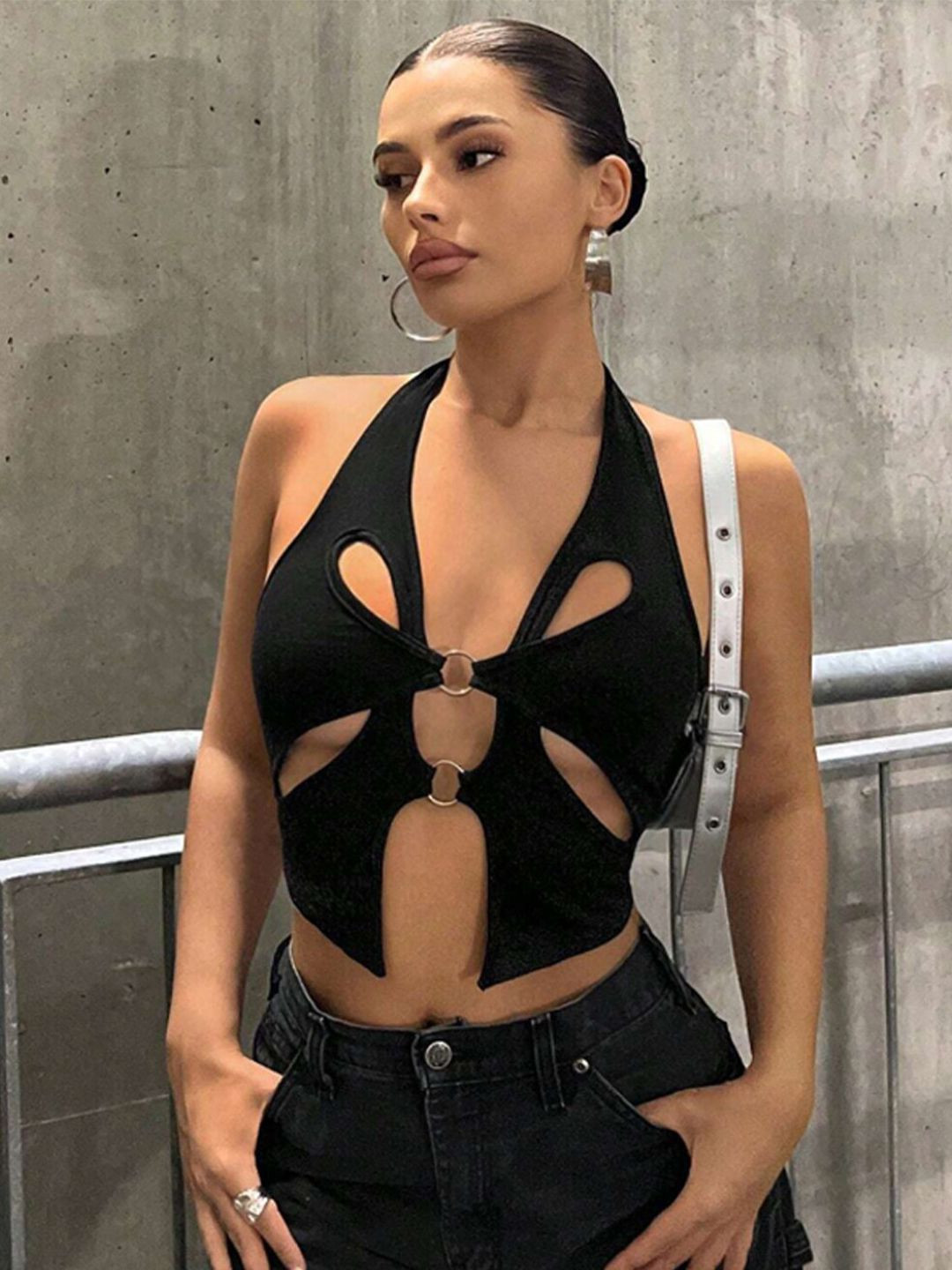 VANGULL Women Halter Neck Cut Out Tank Crop Top