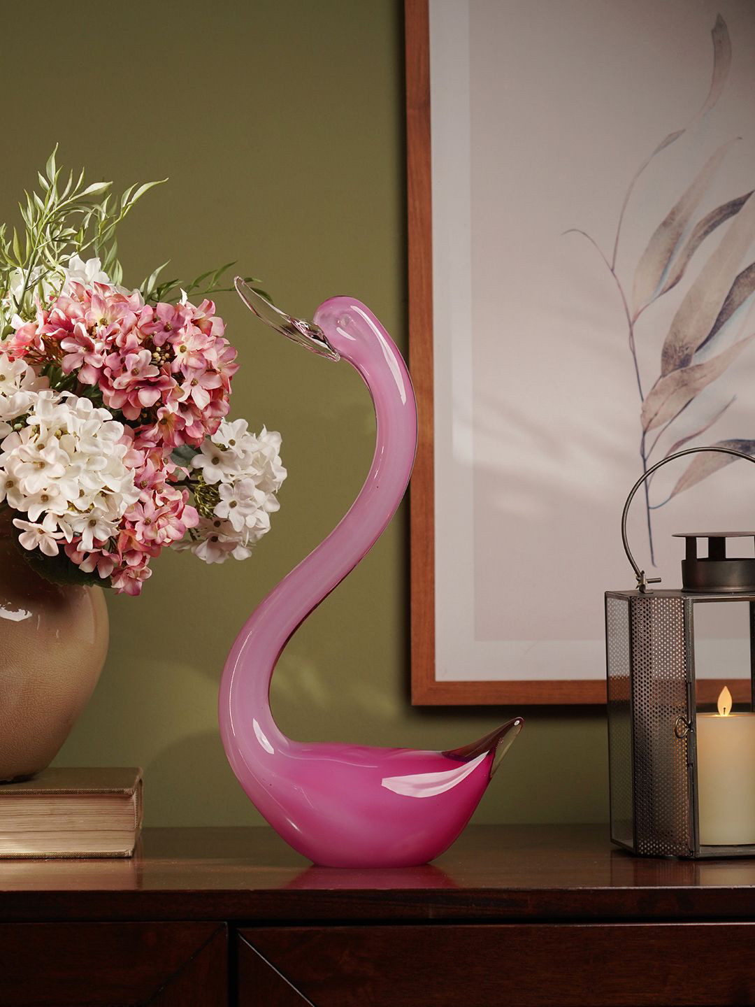 Pure Home and Living Pink Glass Swan Bird Figurine Showpiece