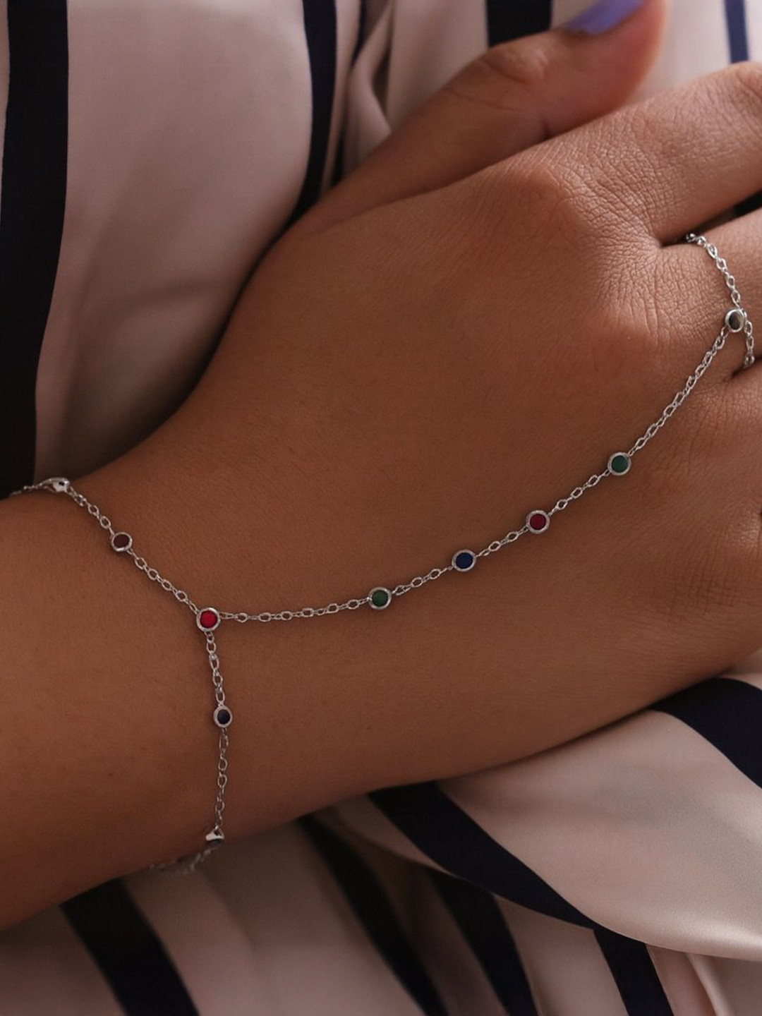 Anushka Jain Jewellery Women 925 Sterling Silver-Plated Navratan Hathphool Bracelet