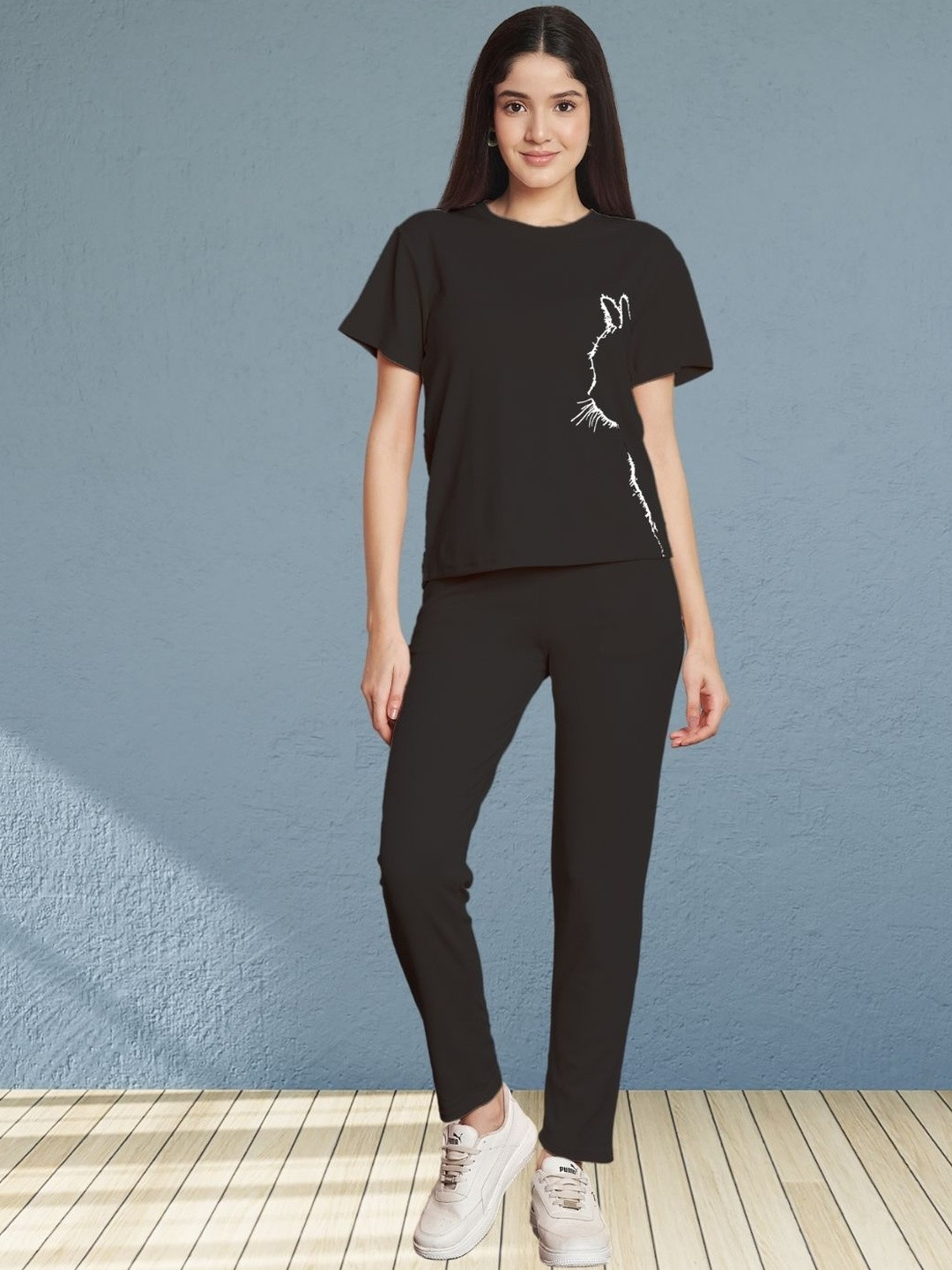 Moda Rapido Women Black Cotton Lycra Blend Cat Sketch Print Track Suit