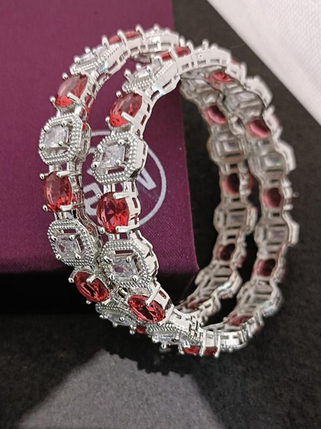 Pakhee Creation Women Set Of 2 Silver Plated American Diamond-Studded Bangles