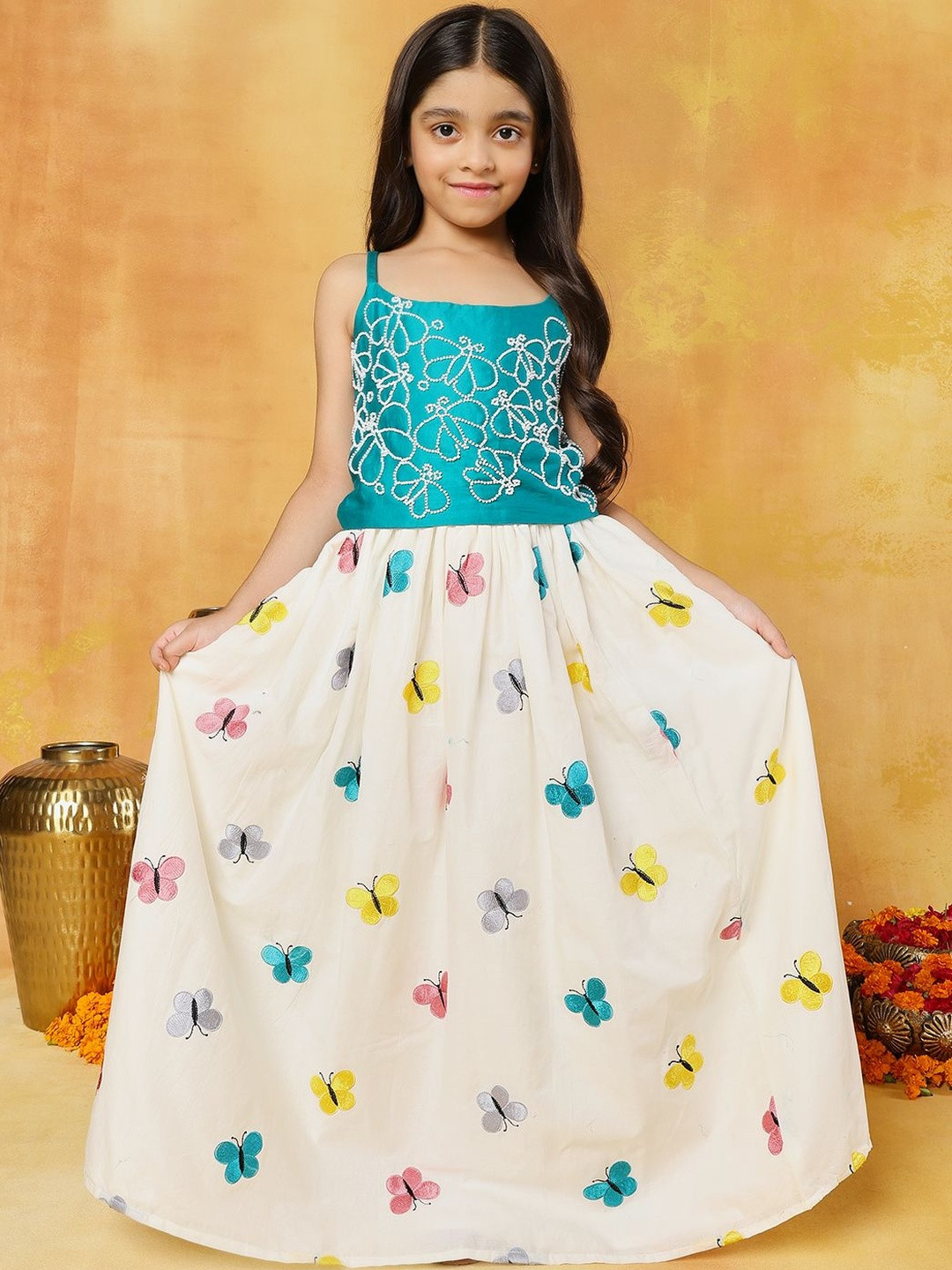 Sangria Girls Blue Butterfly embroidered strappy top with flared Lehenga Choli
