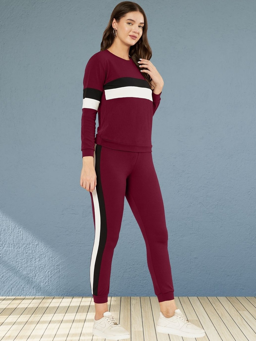 Moda Rapido Maroon Cotton Lycra Blend Styled With Front Taped Tracksuit
