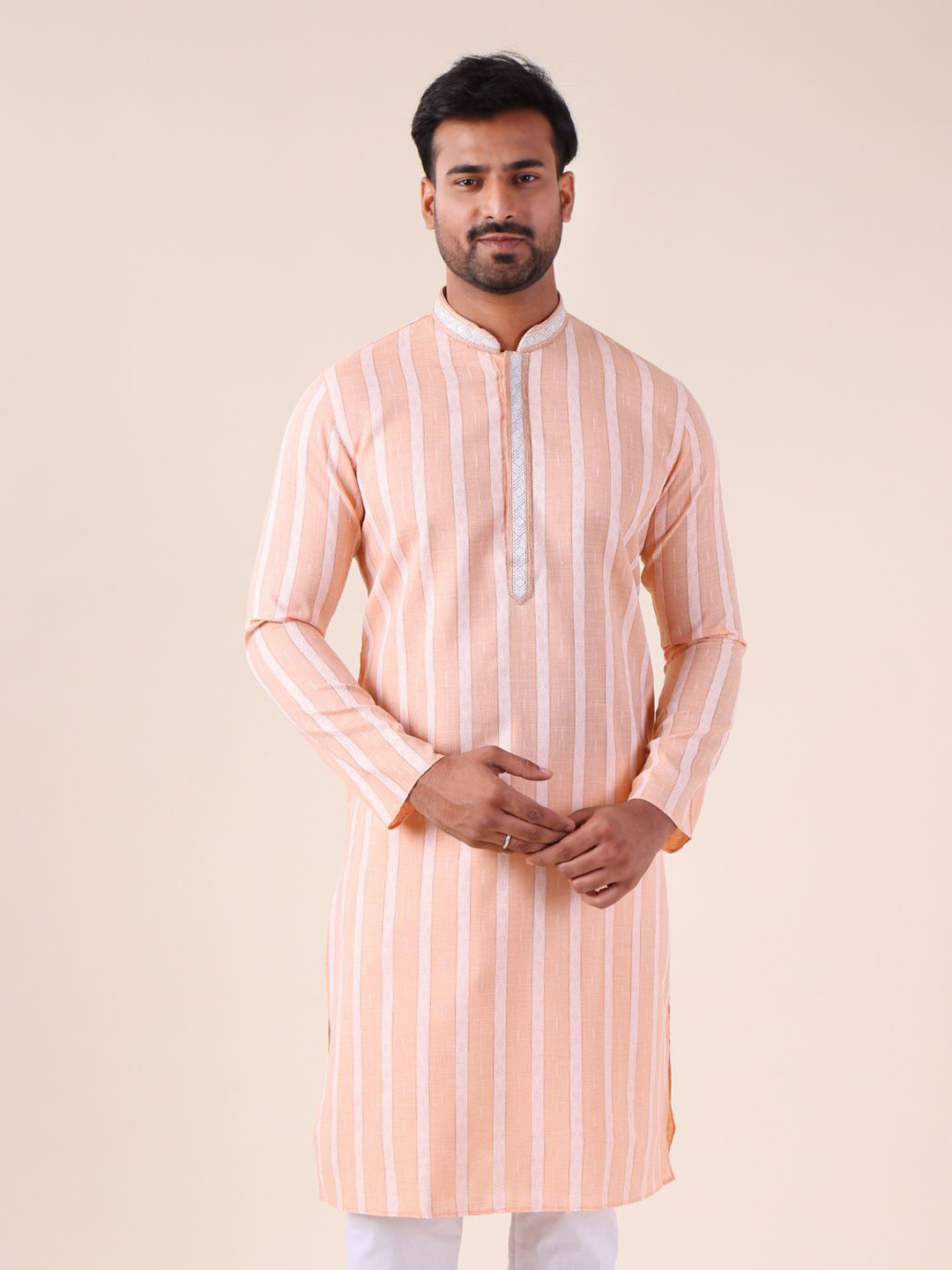 AURIK Men Cotton Stripe Thread Work Straight Kurta