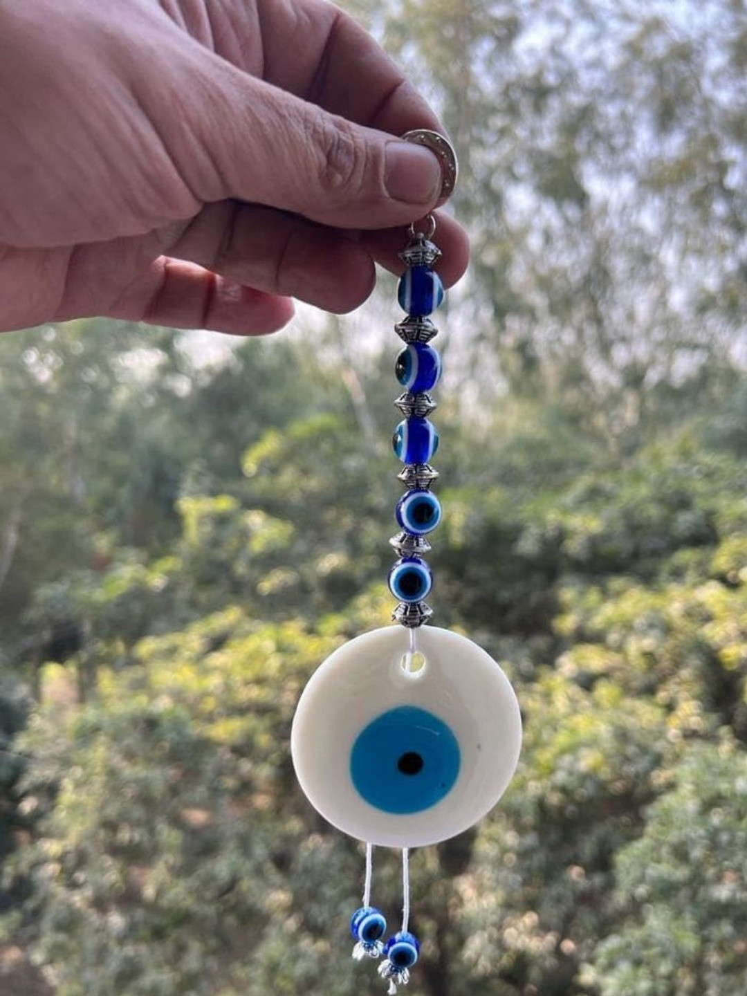 BLUE BEADS White Evil Eye with beads Door Wall Decor Hanging