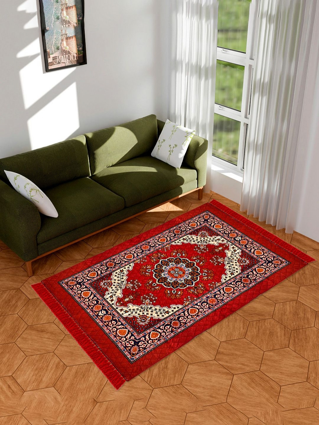 Aura Red & Orange Ethnic Motifs Anti-Skid Velvet Carpet