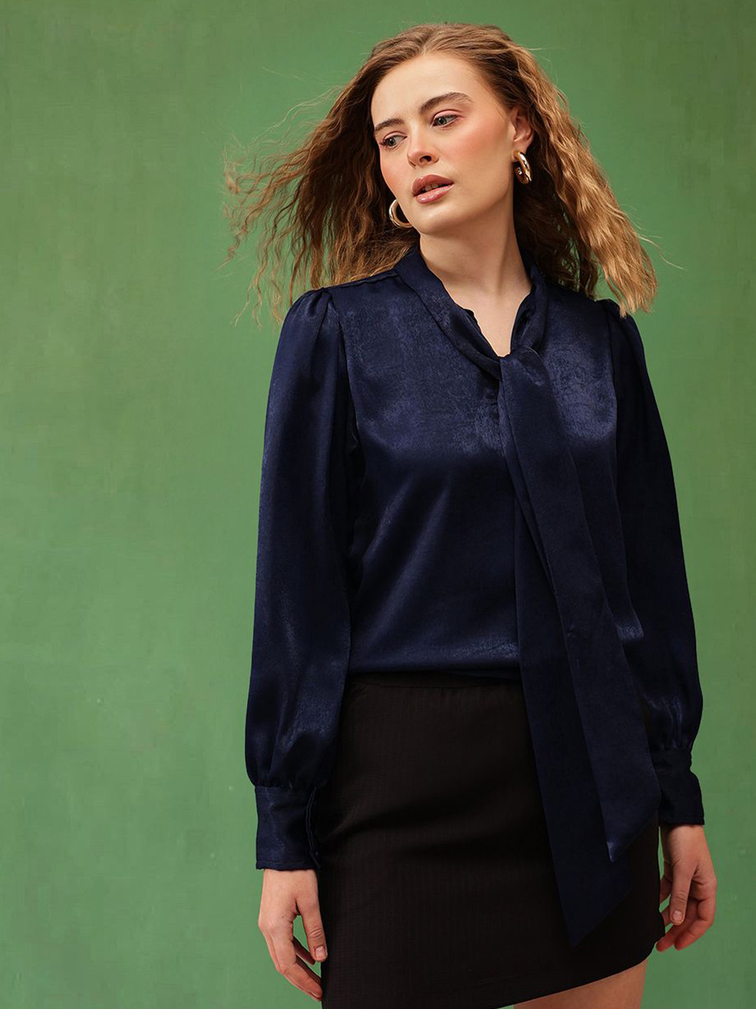 Molly & Michel Women Tie-Up Neck Cuffed Sleeves Satin Top