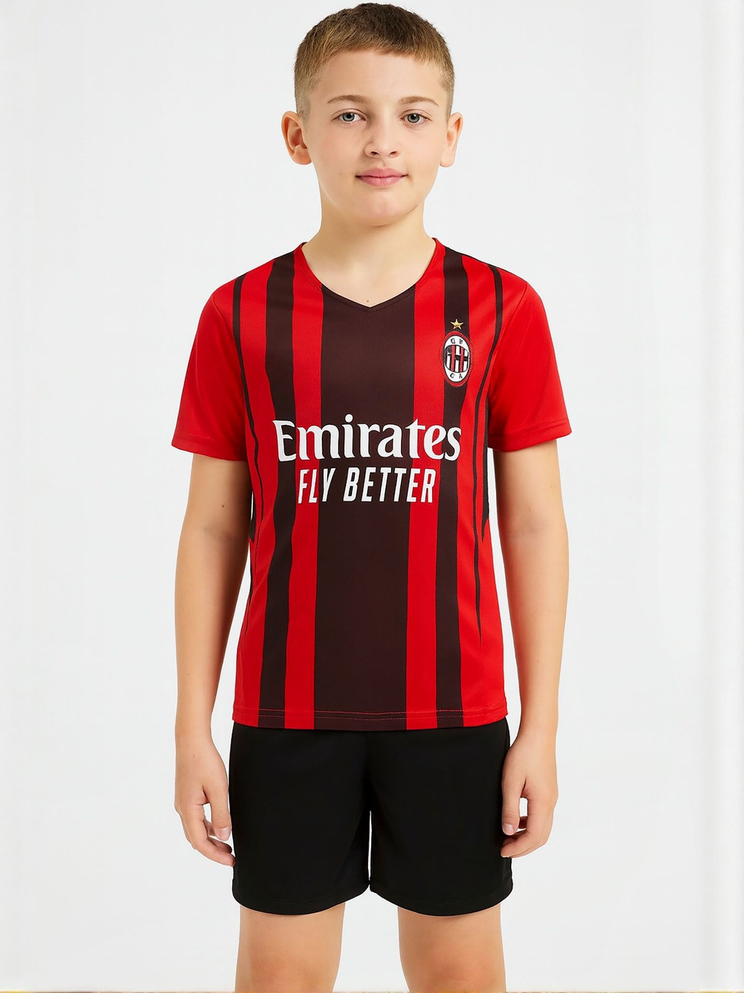 dostitch Kids Boys Red & Black Polyester AC Milan Jersey Dri-FIT T-shirt