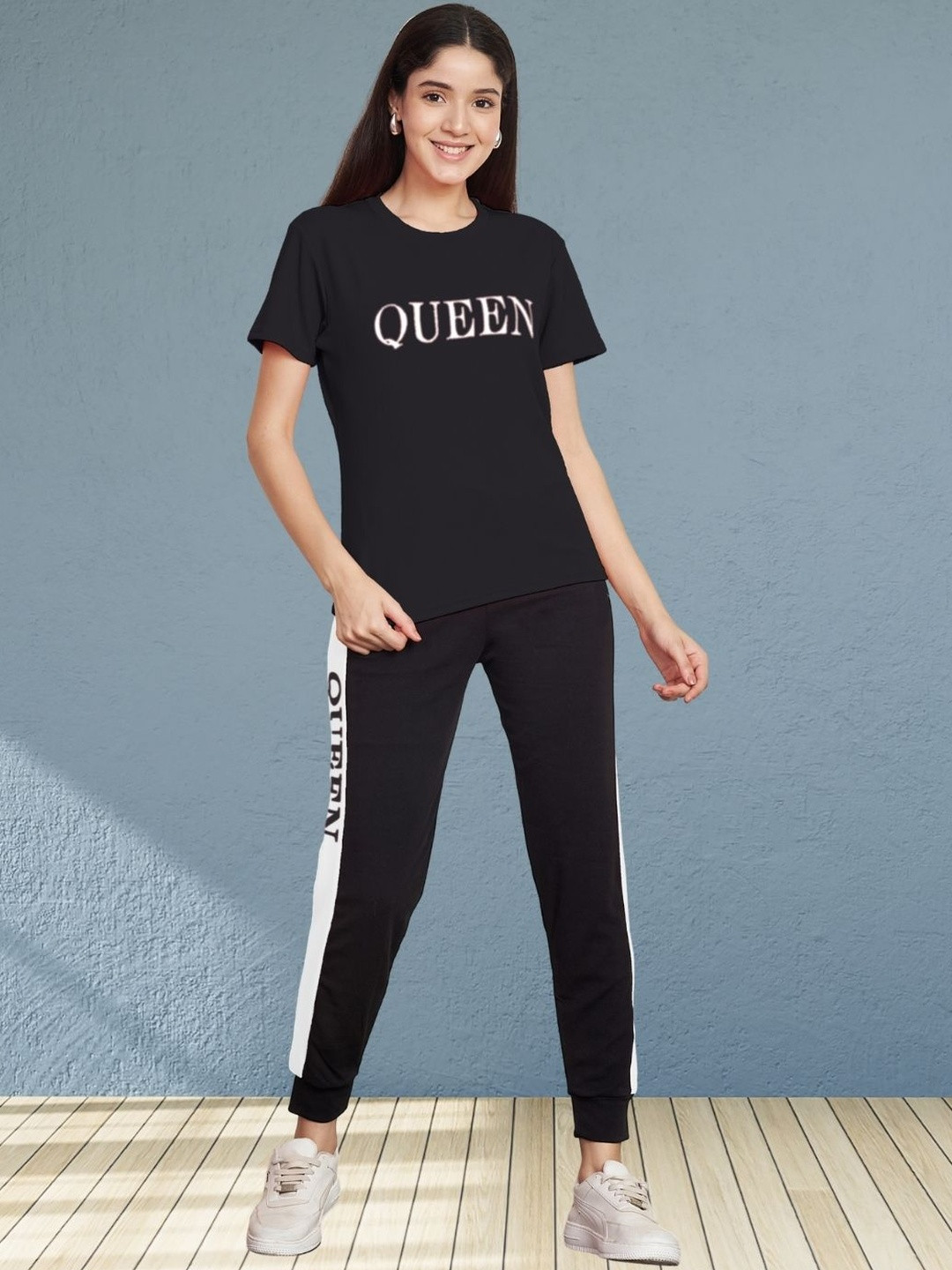 Moda Rapido Women Black Cotton T-shirt & Track Pants