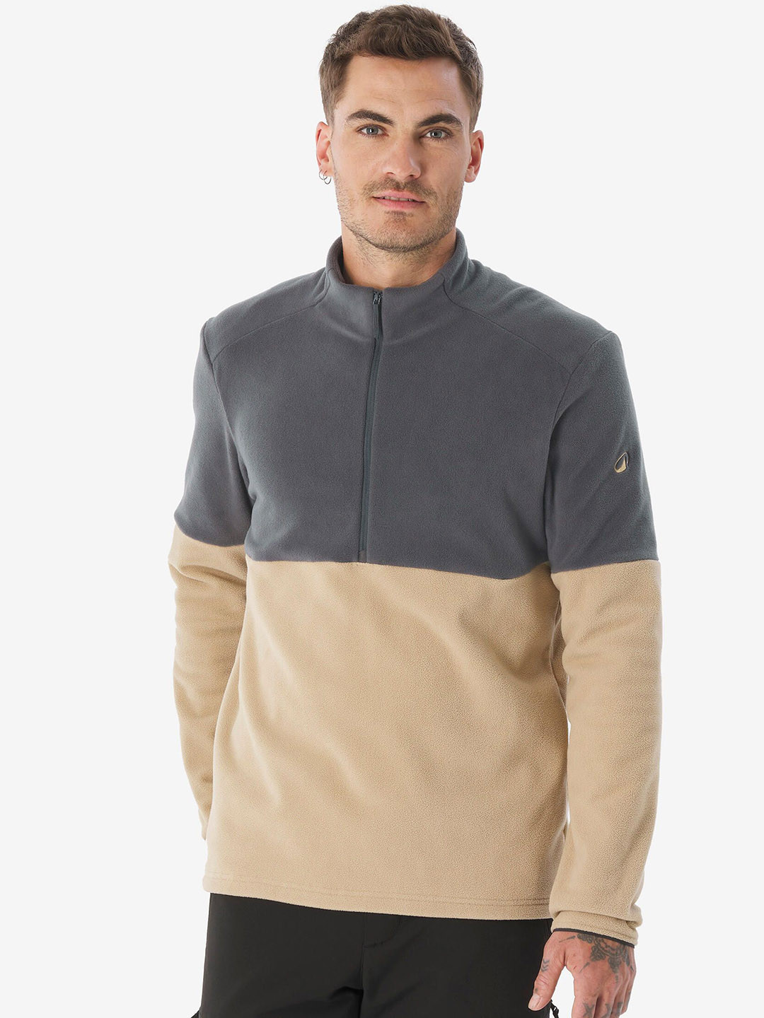 Decathlon QUECHUA Mens Grey & Beige Hiking Half Zip Fleece Jacket