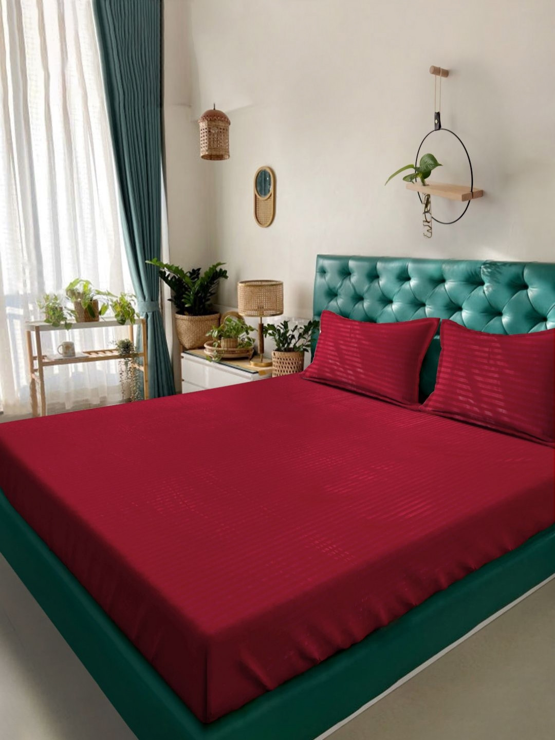 Aura Red Striped 300 TC King Bedsheet Set 2.5 x 2.25 m