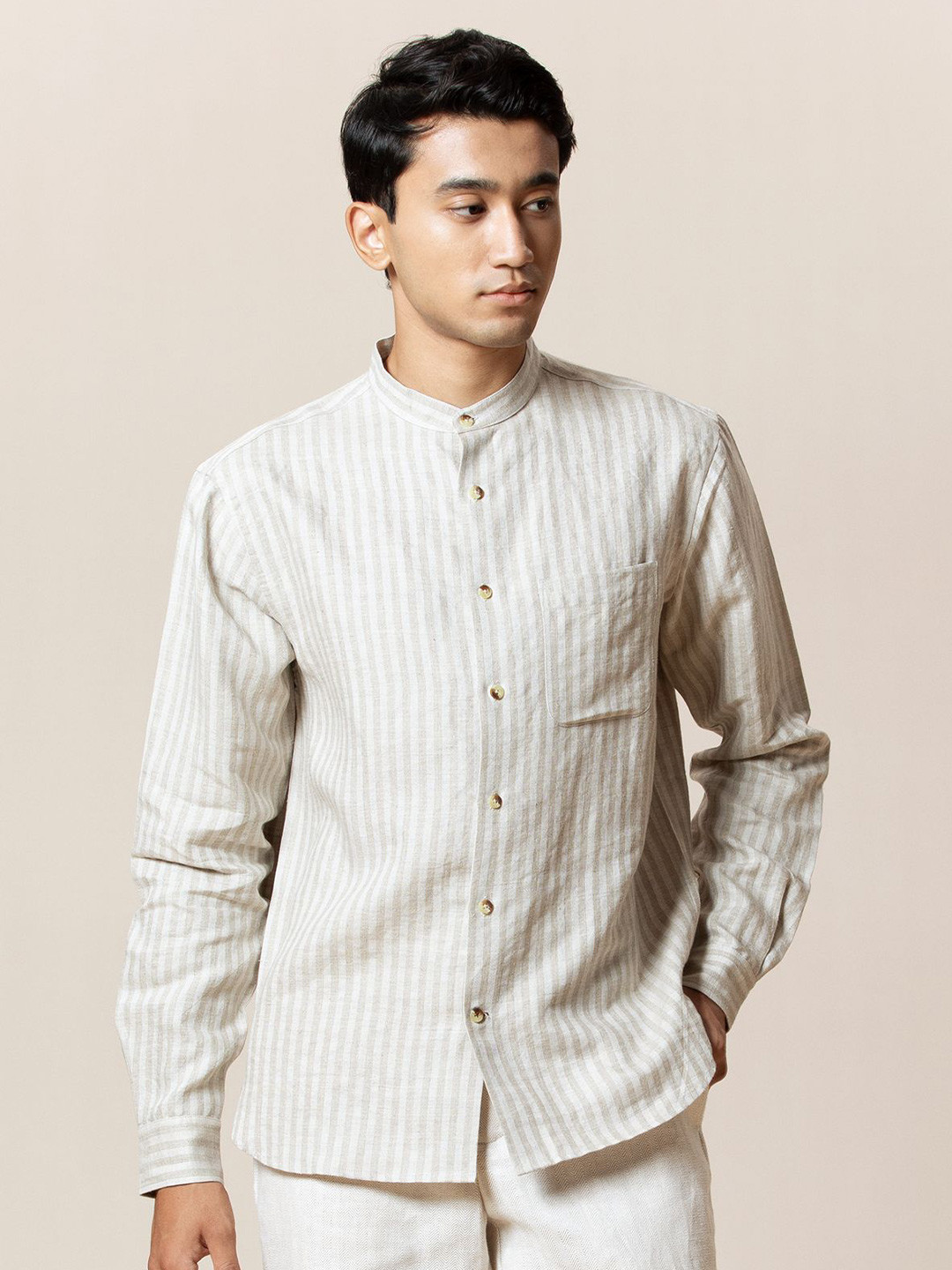 LOVE PANGOLIN Mandarin Collar Hemp Shirt