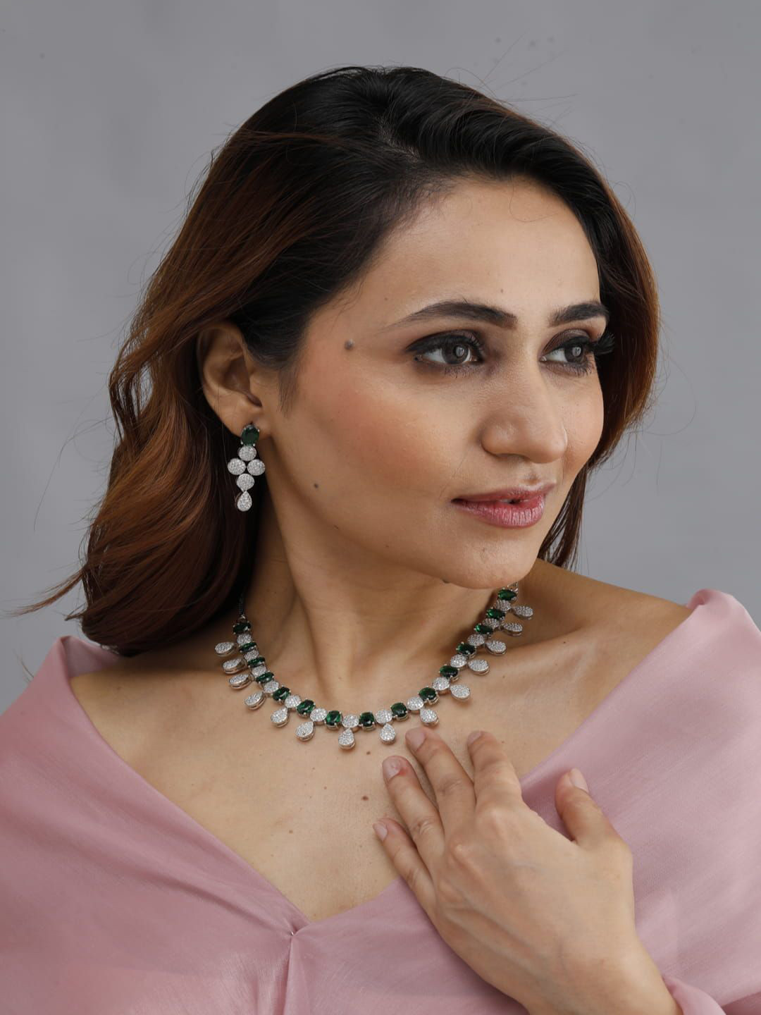 Zoki Women 92.5 Sterling Silver Ruby & Emerald Stone Studded Jewellery Set