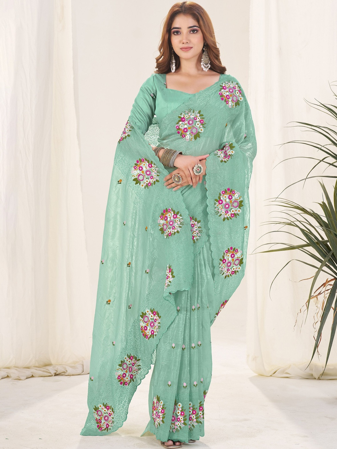 Anouk Sea Green Embroidered Tissue  Sarees