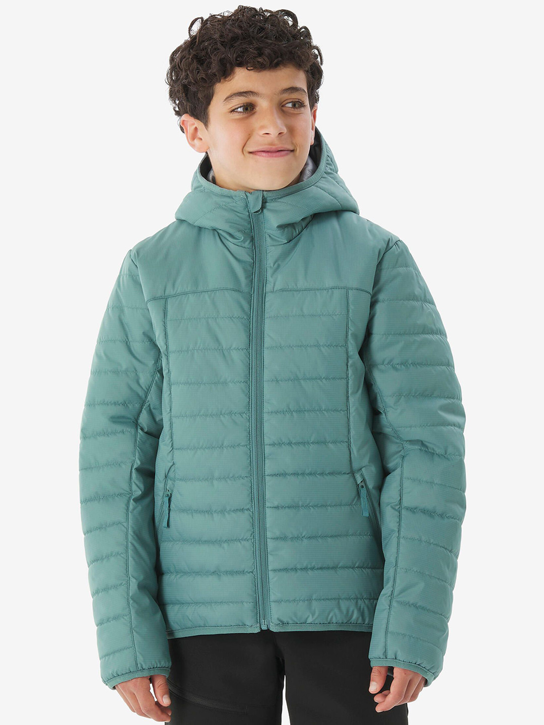 Decathlon QUECHUA Kids Green Hiking Lightweight Water Repellent Padded Hooded Jacket