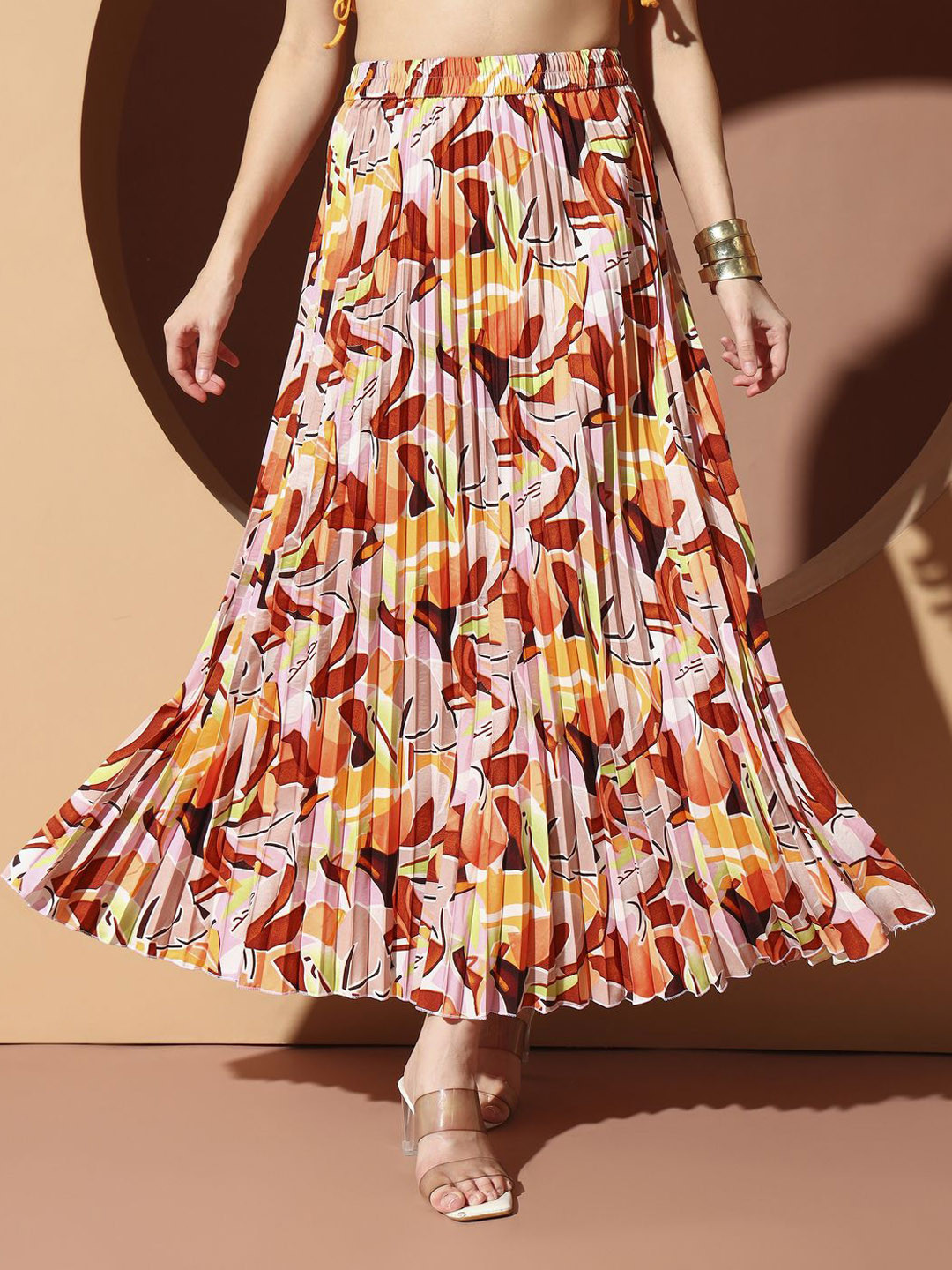 ZWERLON Women Abstract Knife Pleated Skirt