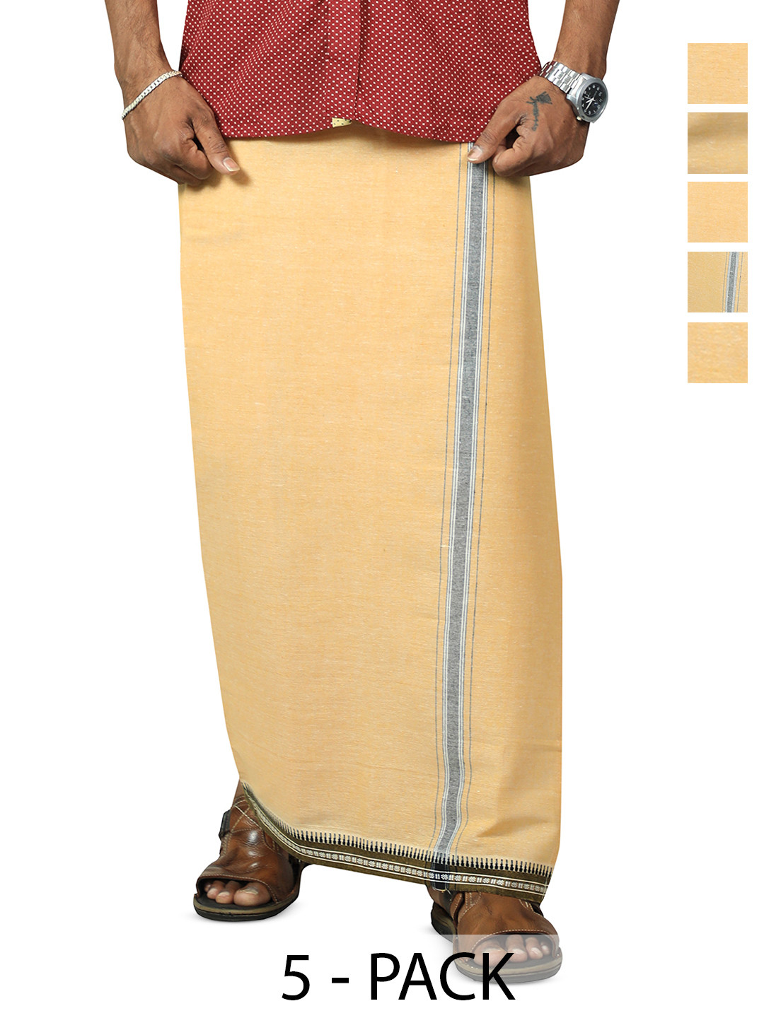 PRAKASAM COTTON Men Selection Of 5 Thalapathi Border Dhoties - 2mtr