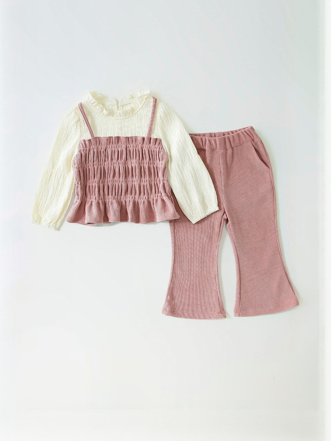 Hopscotch Kids Girls Pink & Beige Polyester Top & Trousers Clothing Set