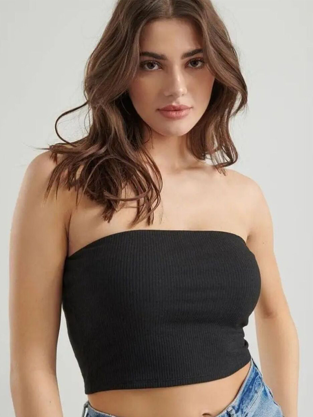 PRITHS Black Ribbed Satin Strapless Crop Top