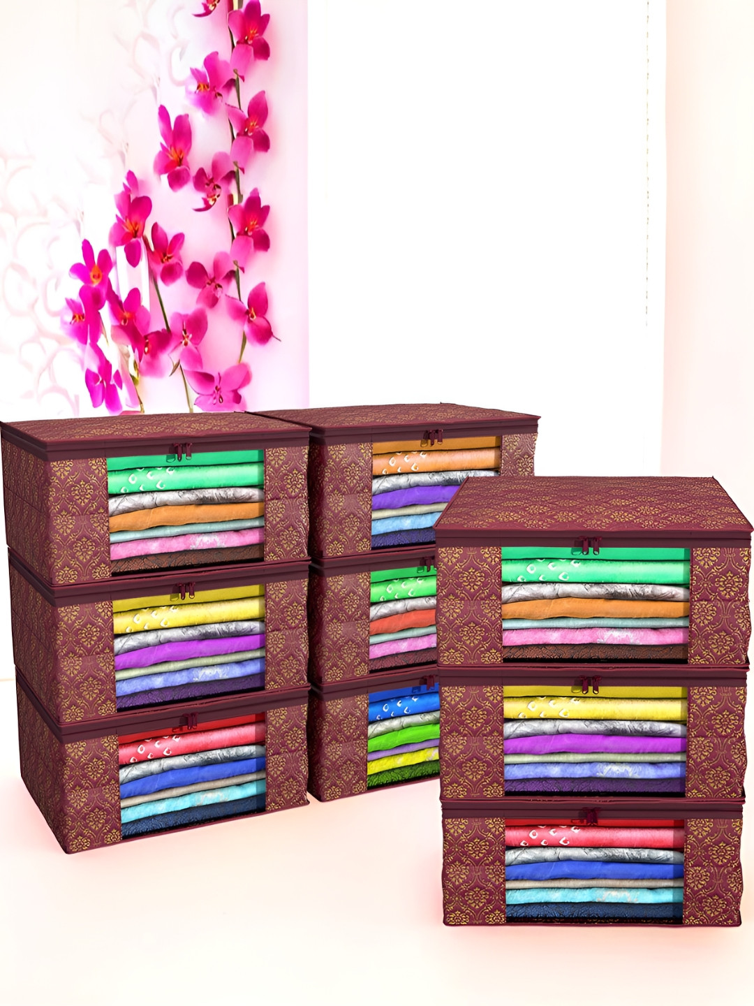 Aura Maroon & Gold Toned 9 Pieces Printed Saree Cover Organisers