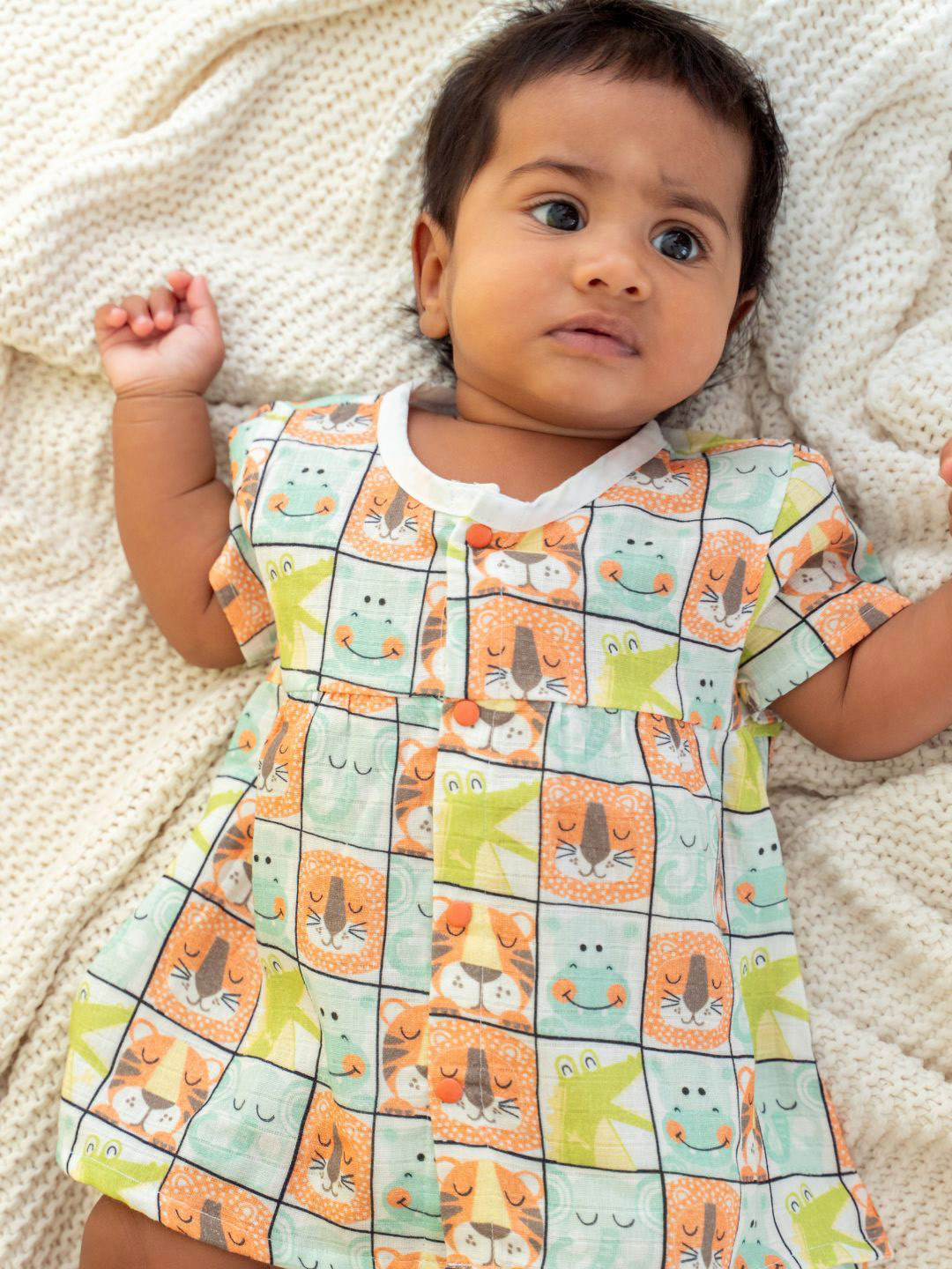 A Toddler Thing Girls Zoodle Blocks Muslin Front Button Frock