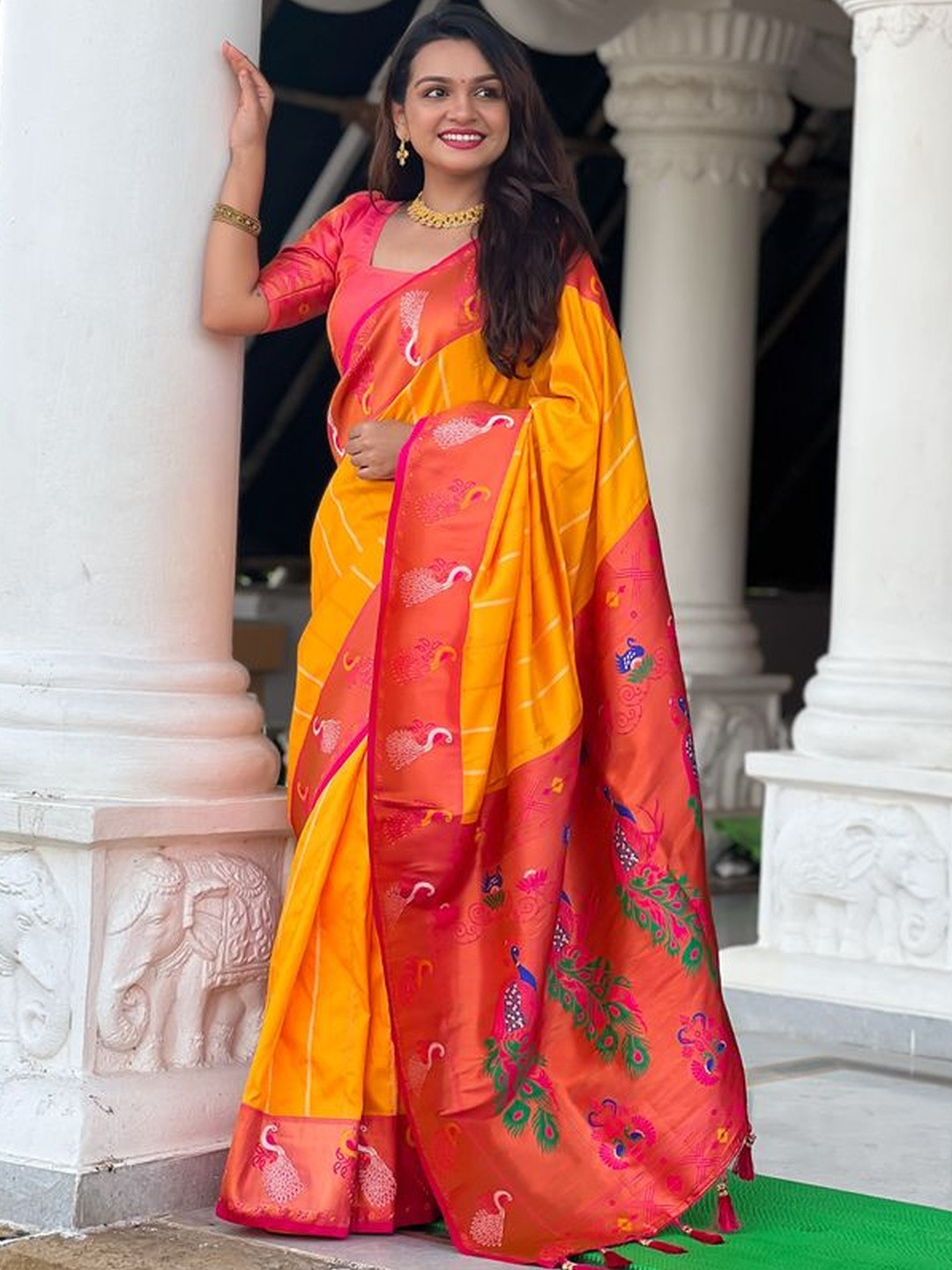HERE&NOW Yellow Woven Design Art Silk Paithani Sarees