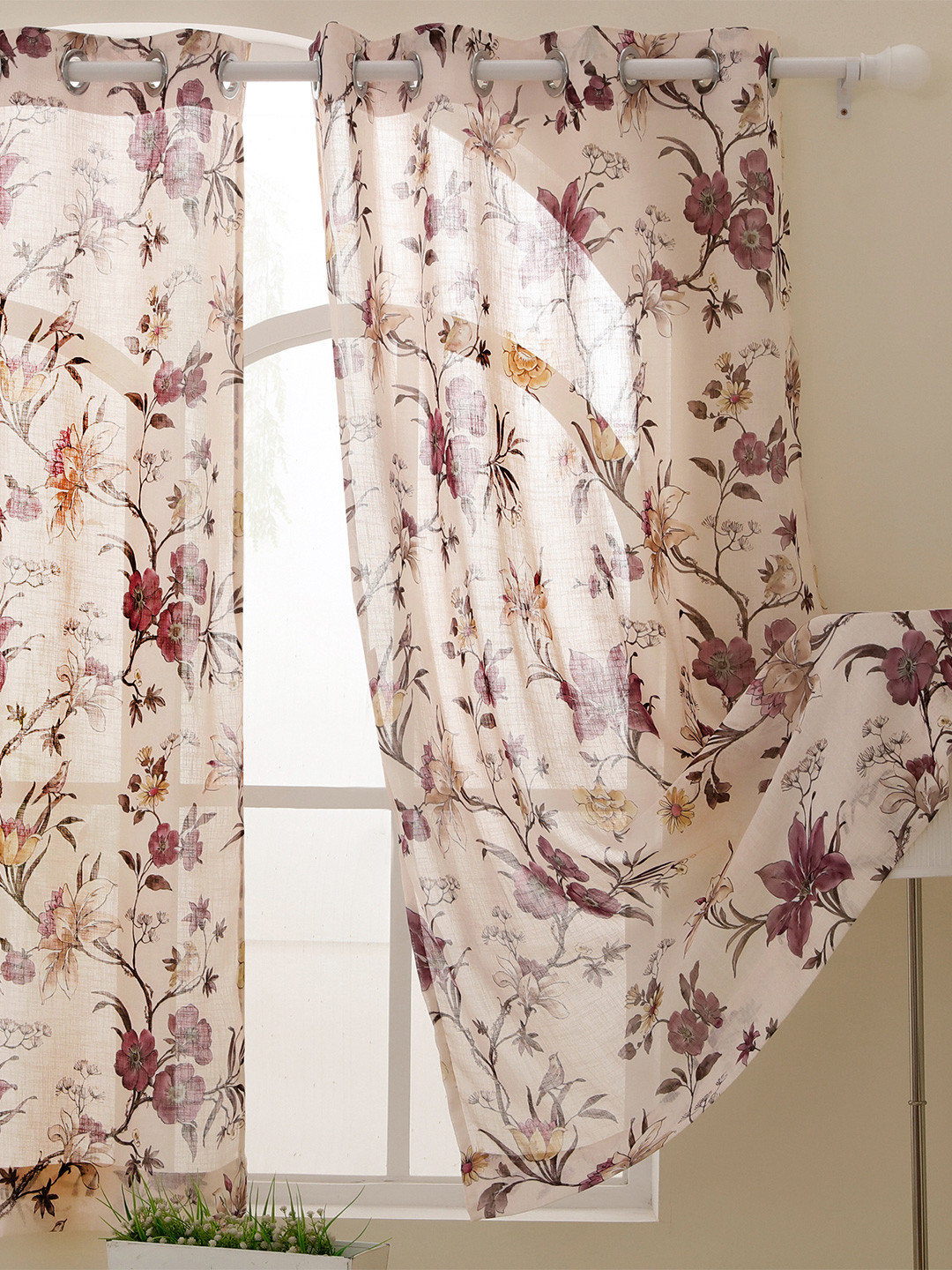 Story@home Cream-Coloured & Purple Floral Sheer Window Curtain