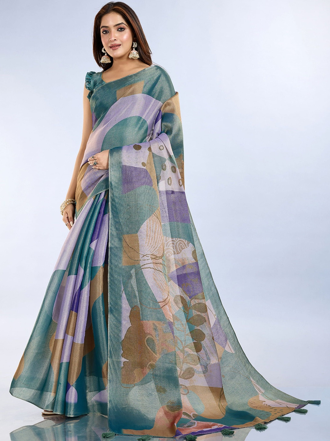 HERE&NOW Cream Printed Art Silk Block Print Sarees