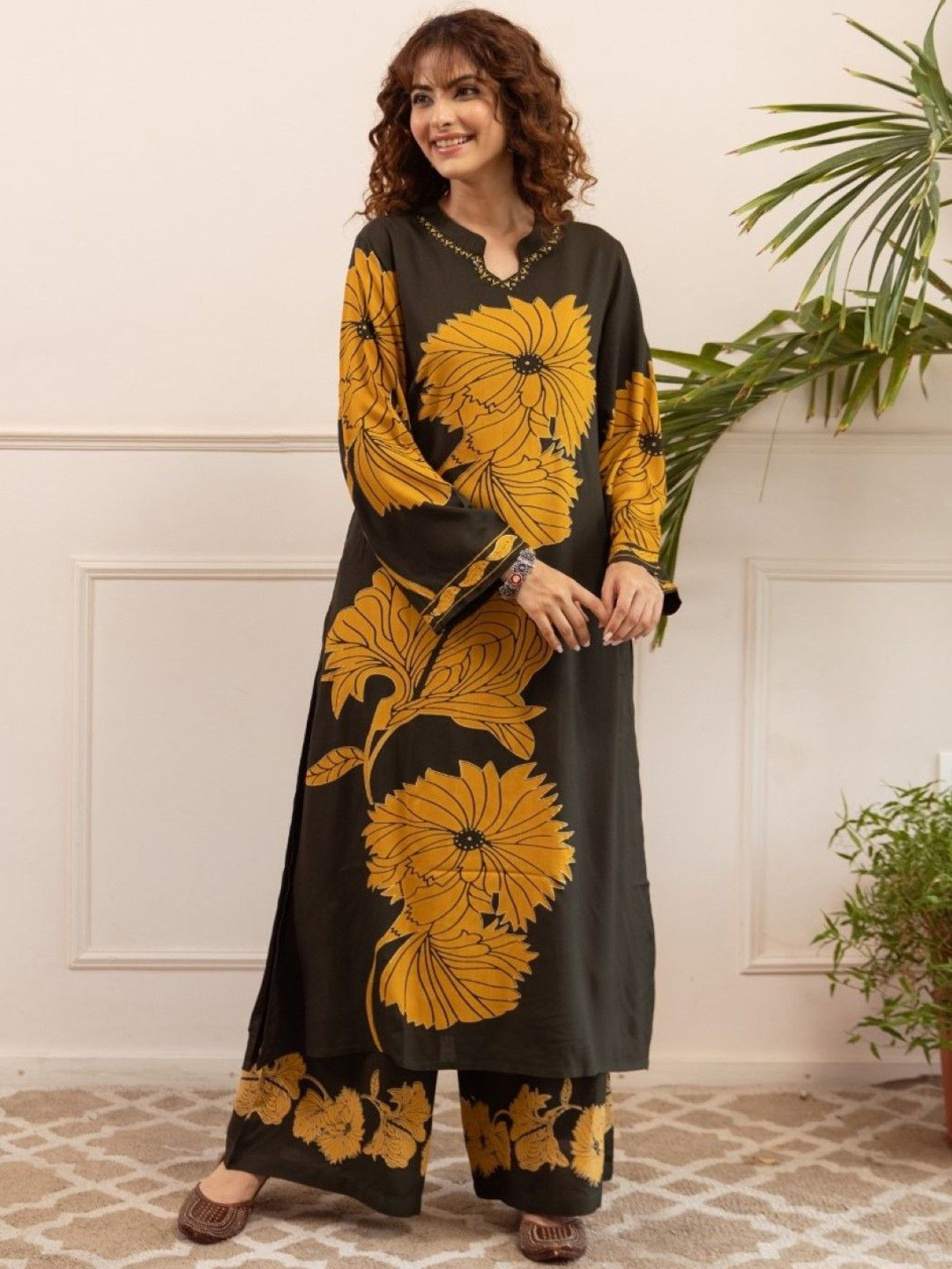 AUTUMN LANE Sonpal Sable Floral Printed Mandarin Collar Pure Cotton Kurta With Palazzos