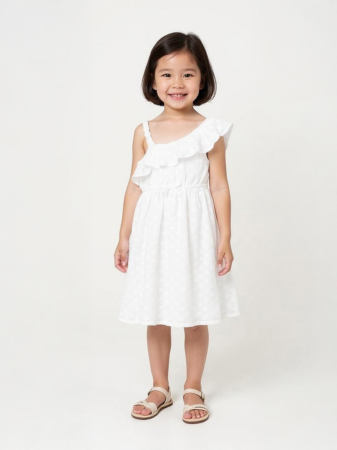 max S525CWDR02BIVORY Girls Floral Embroidered Ruffled Fit & Flare Dress