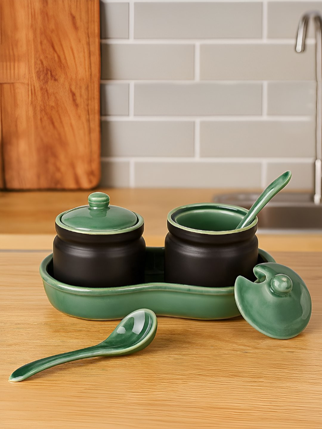 StyleMyWay Black 2 Pieces Ceramic Dishwasher And Microwave Safe Jar Containers