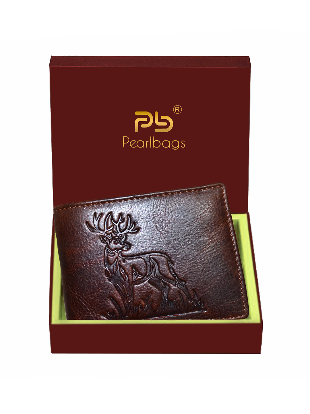PB Pearlbags Men Genuine Leather Bi- Fold 4 Card Slots Deer Engraved Wallet