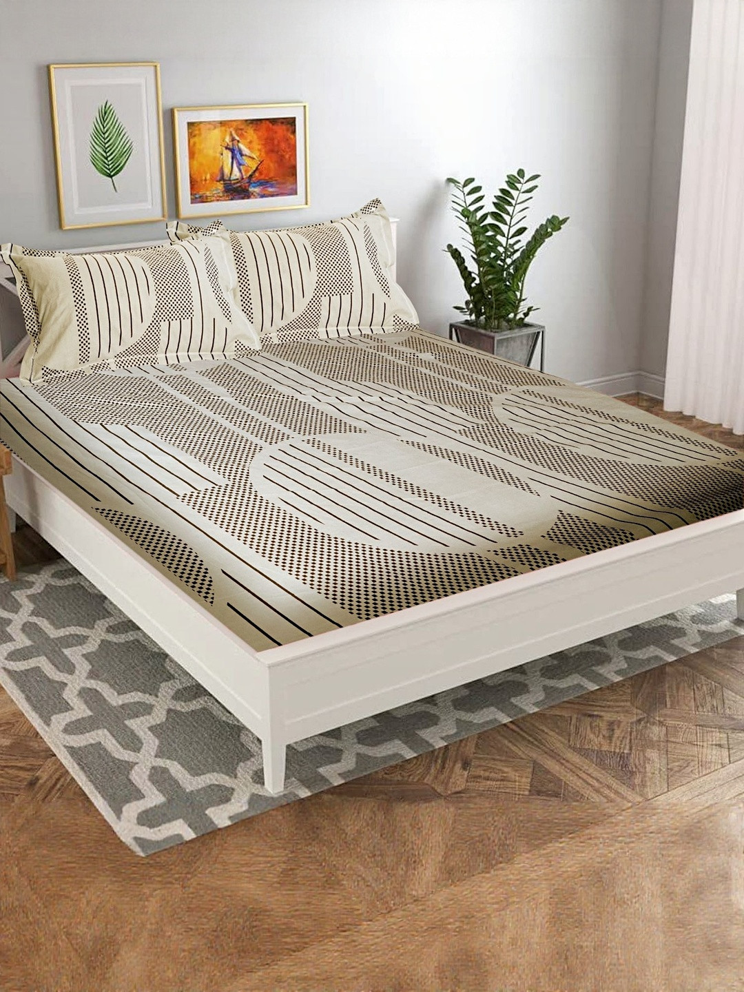 Wee Hours Grey & Black Geometric 350 TC Queen Cotton Bedsheet with 2 Pillow Covers
