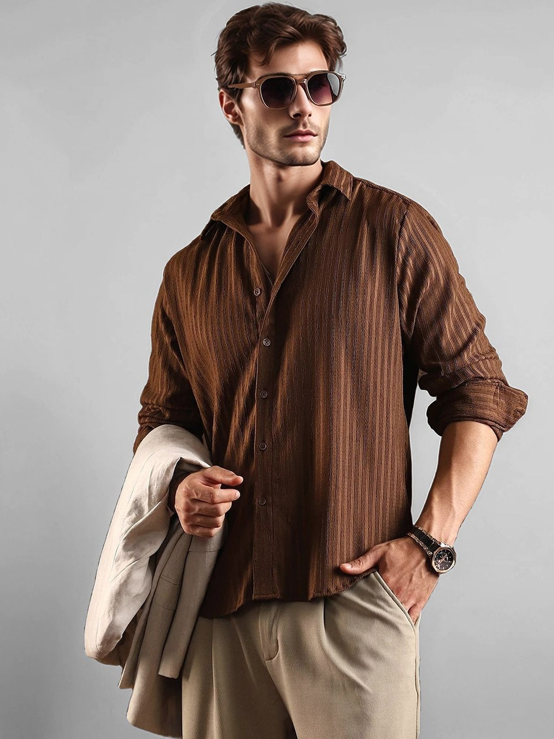 SZN Men Brown Vertical Stripes Regular Fit Casual Shirt