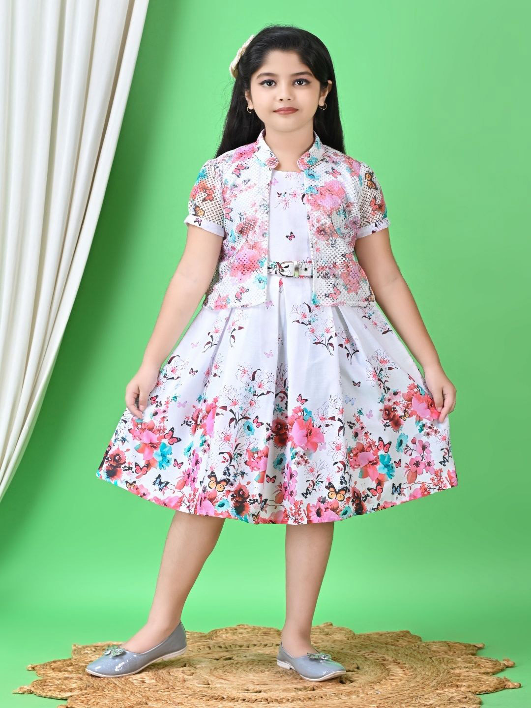 BARKAT DESIGNING PLANET Girls Floral Printed Belted Fit & Flare Knee Length Dress