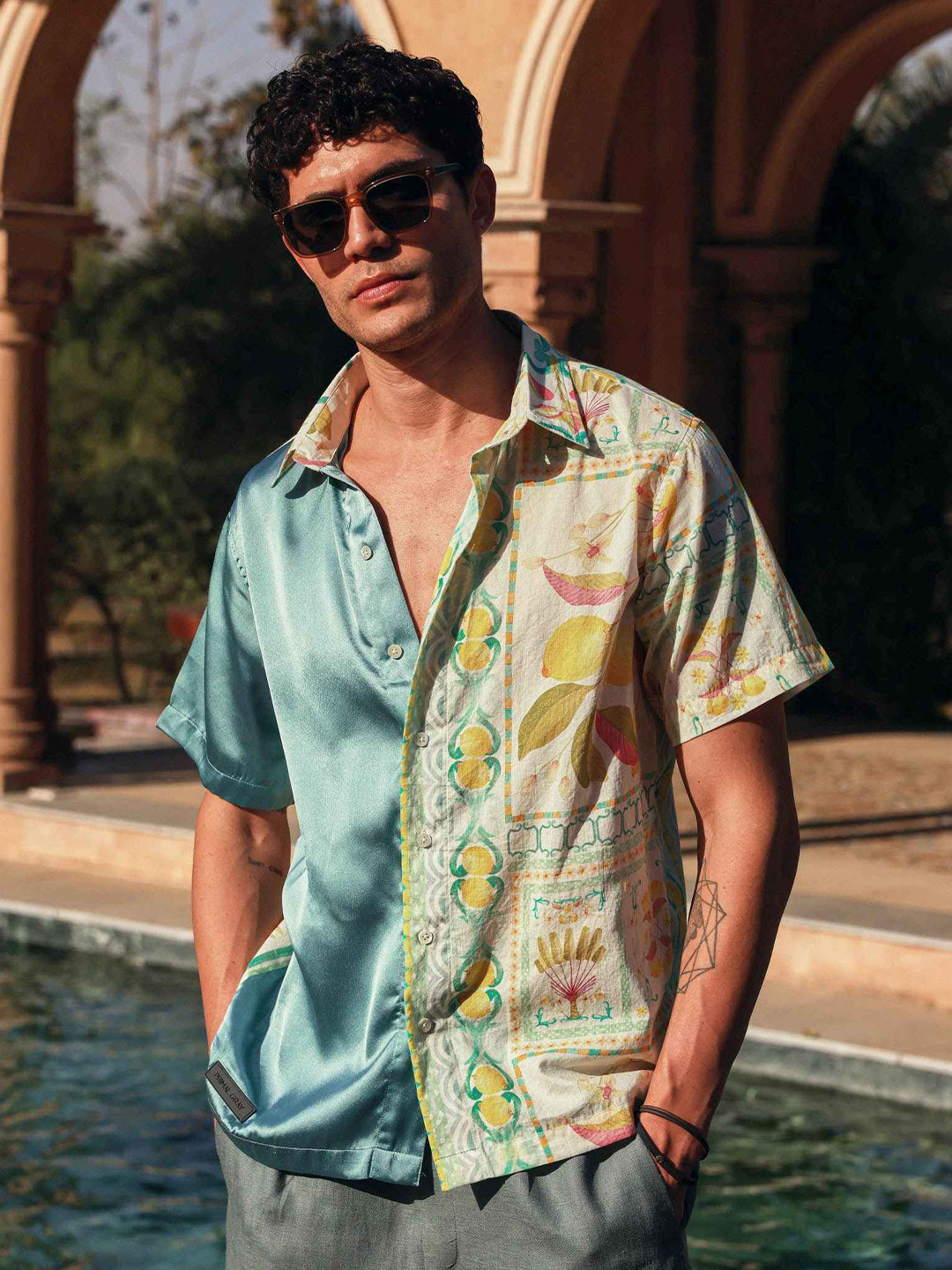 PRIMAL GRAY Men Relaxed Fit Floral Printed Spread Collar Satin Casual Shirt