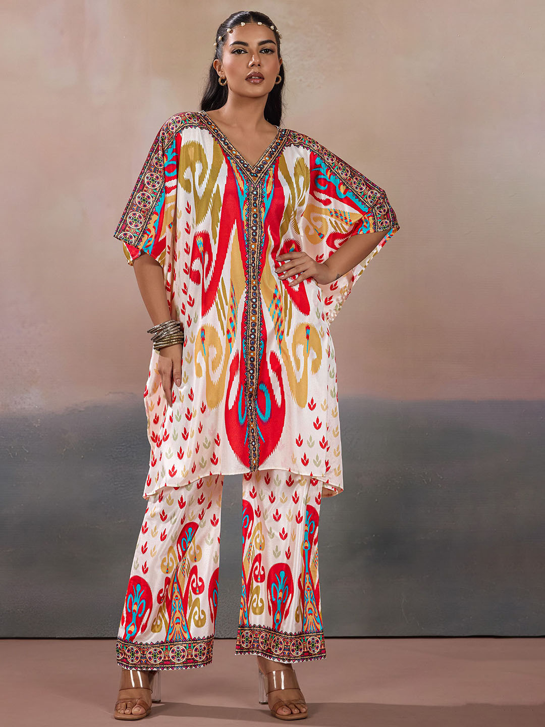 LABEL AARNA Royal Women Crest Silk Crepe With Digital Print Tunic and Palazzos Co-ord Set