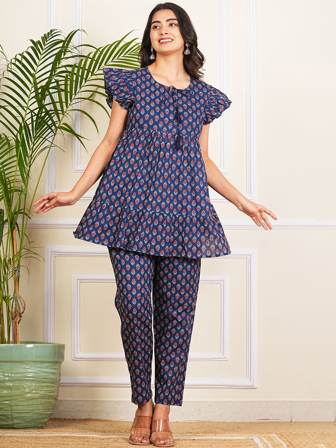 Krati Creations Printed Round Neck Pure Cotton Tunic With Trousers