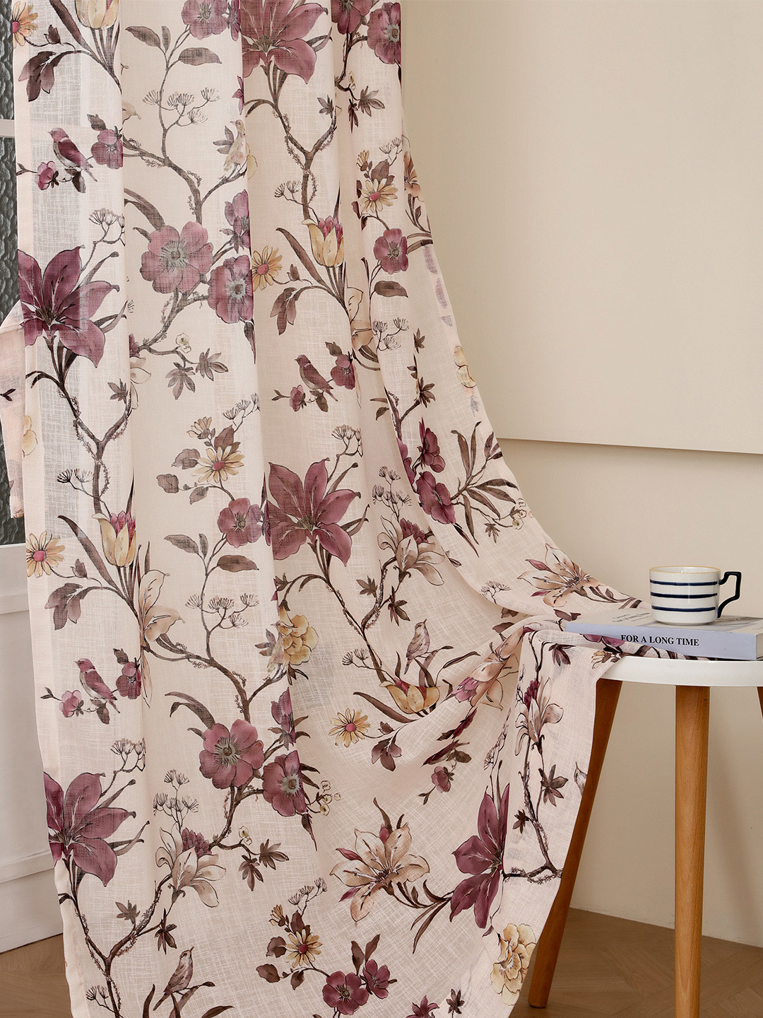 Story@home Cream-Coloured & Purple Floral Sheer Long Door Curtain