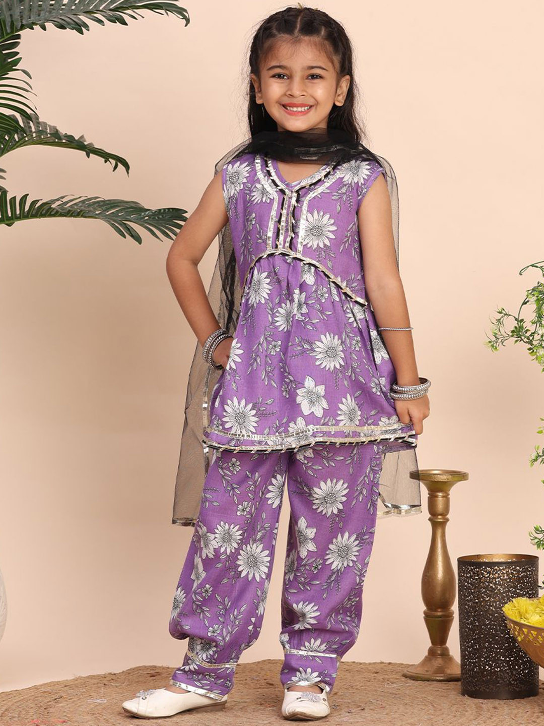 Cutiekins Girls Floral Printed V-Neck Gotta Patti A-Line Kurta With Palazzos & Dupatta