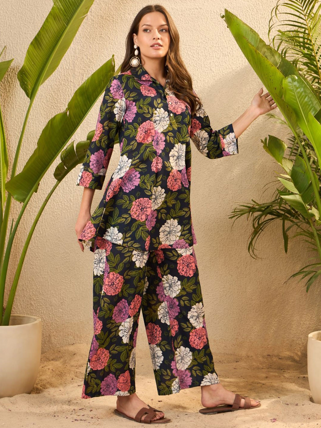 IMANA Floral Printed Shirt Coller Pure Cotton Tunic With Trousers