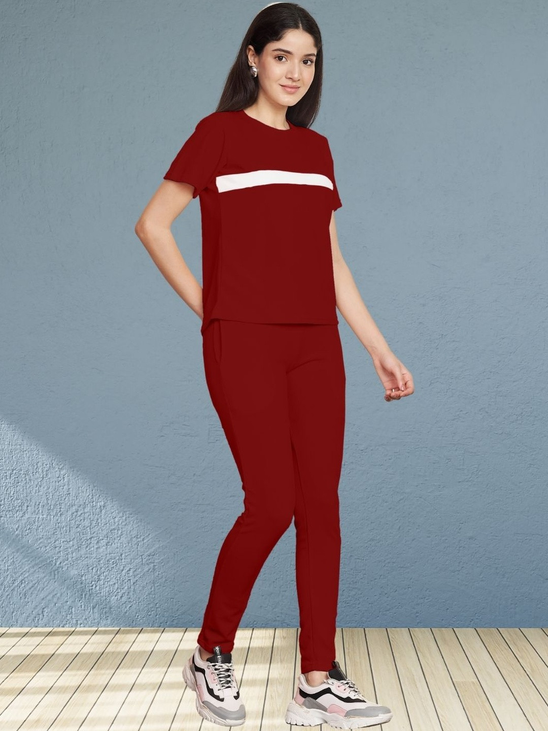Moda Rapido Women Red Cotton Lycra Blend Front Taped Tracksuit