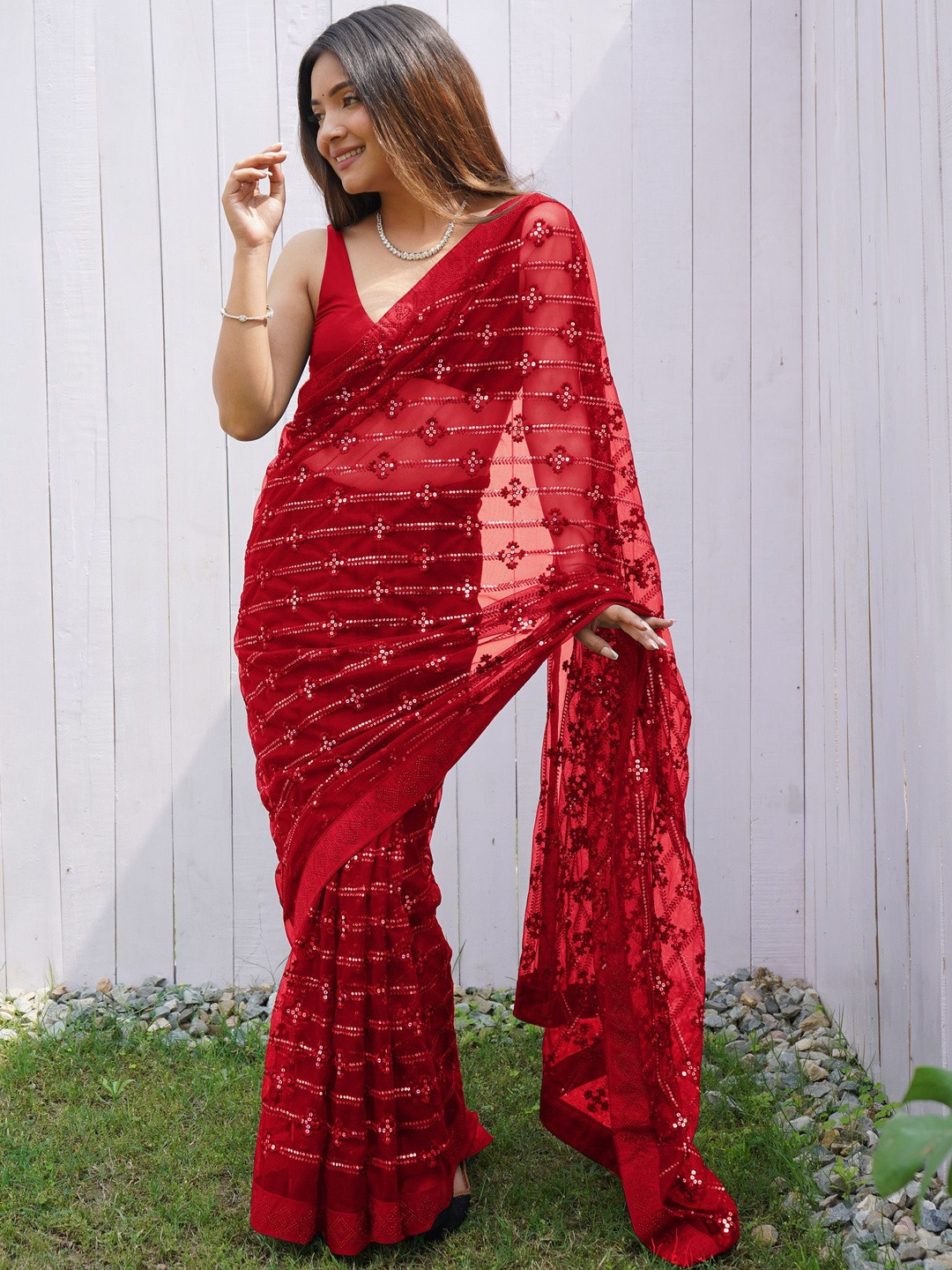 Anouk Red Embellished Net  Sarees