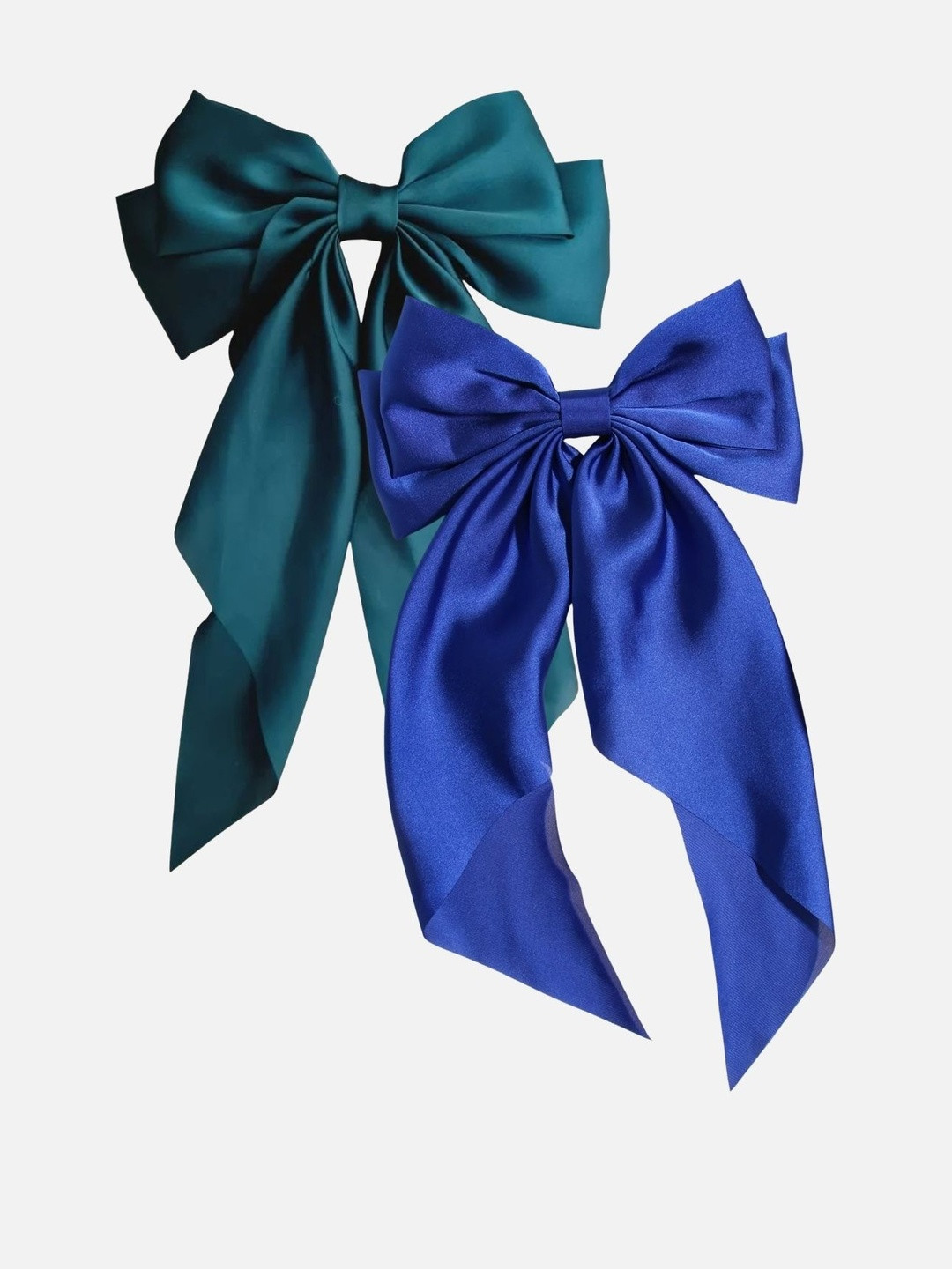 Rovlina Women Set of 2 Blue And Green Satin Bow Hair Accessory Set